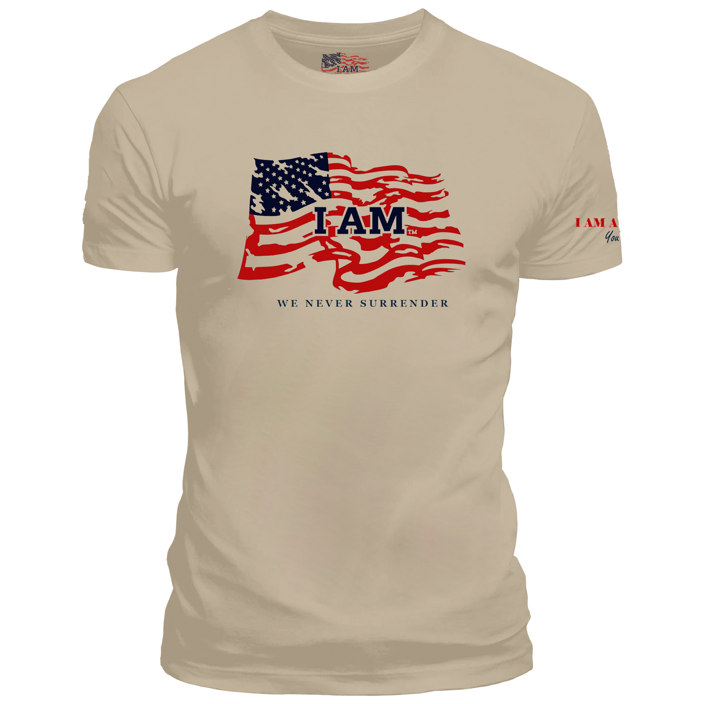 WE NEVER SURRENDER BRANDED FLAG, in khaki